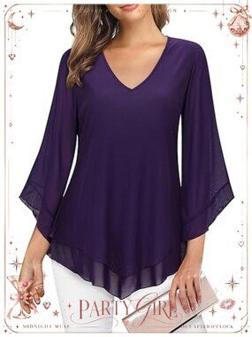 Viracy Women's Dressy Mesh Tunic Top 3/4 Sleeve Flowy Work Blouse Loose Fit